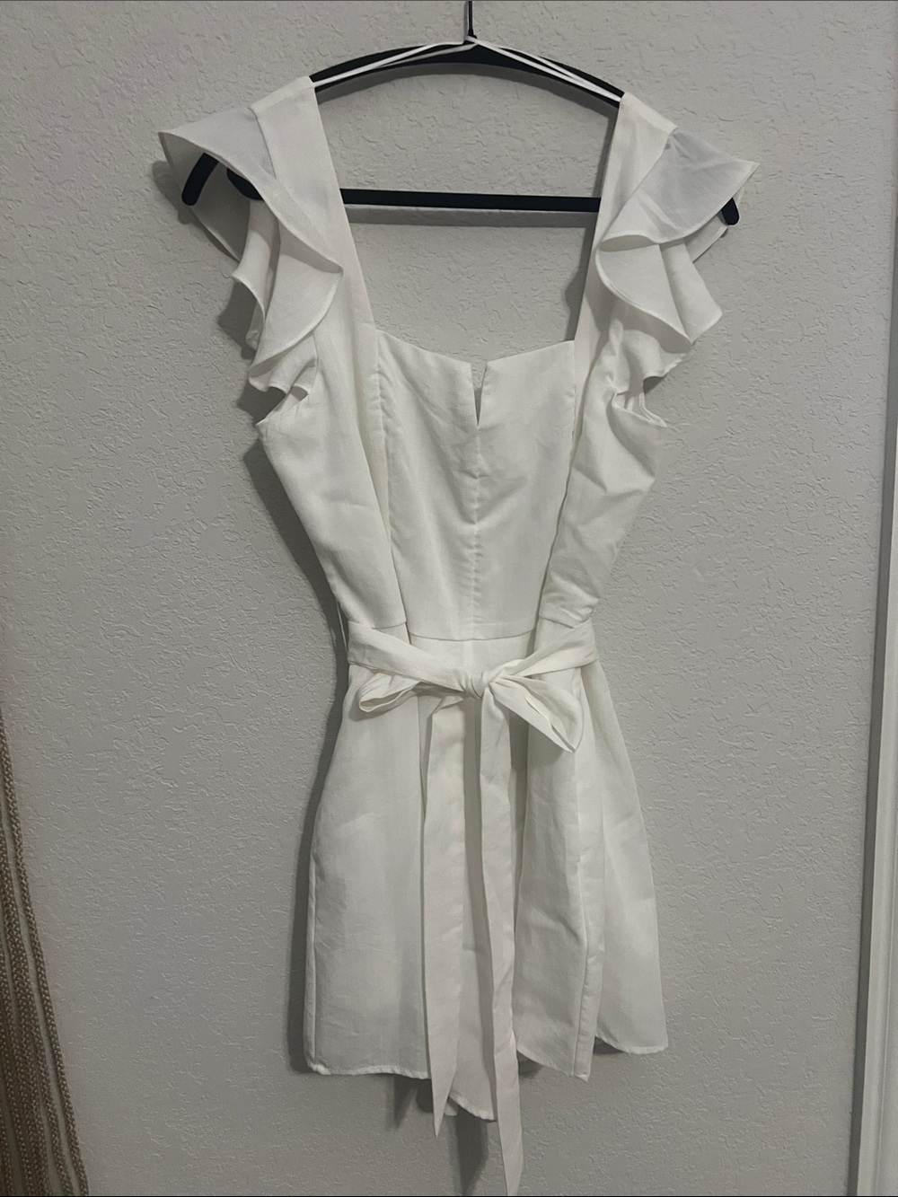 Francesca's Collections White Ruffle Sleeve Tie-Waist Mini Dress